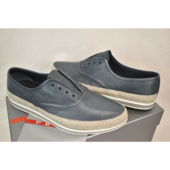 PRADA BALTIC BLUE DISTRESSED LEATHER PLATFORM LACELESS SNEAKERS 8.5 US 9.5 - Picture 11 of 12